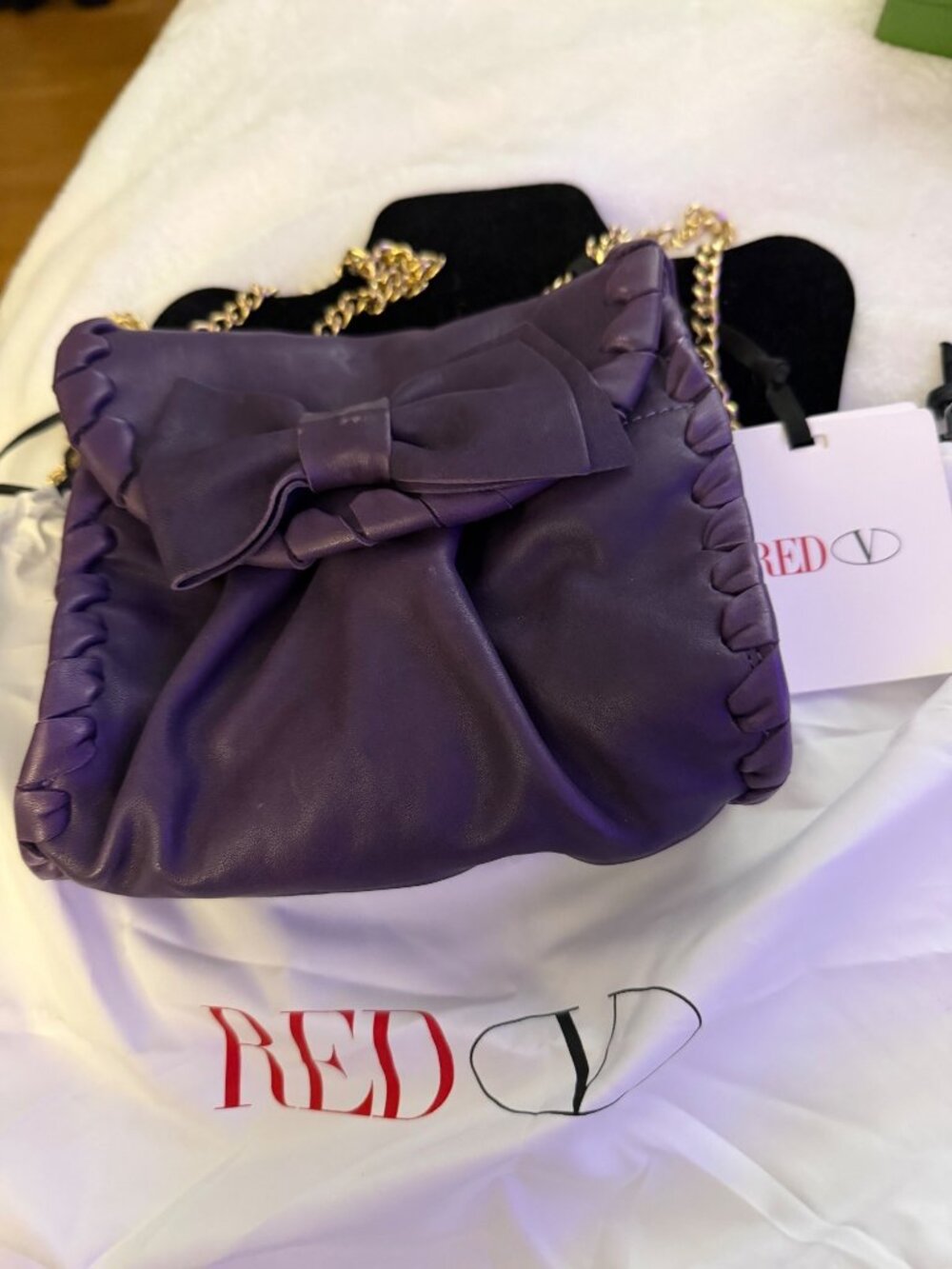 Red Valentino Purple Leather Shoulder Bag With Bow Detail & Gold Chain Strap NWT
